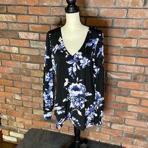 White House Black Market Black Top with Blue and White Floral Design